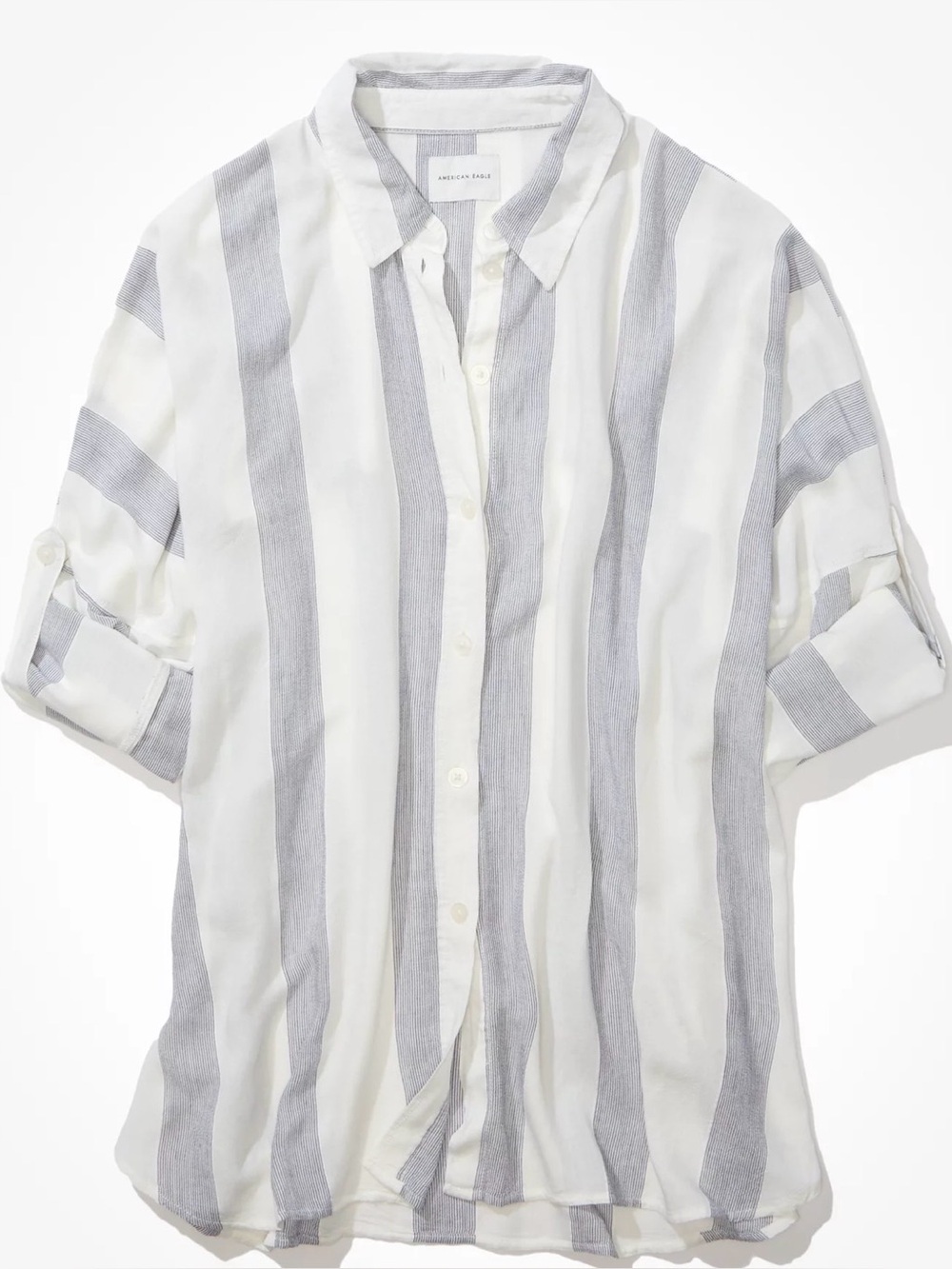 AE Oversized Striped Beach Shirt - Viscose/Linen Blend - White & Light Gray - M - Picture 5 of 13